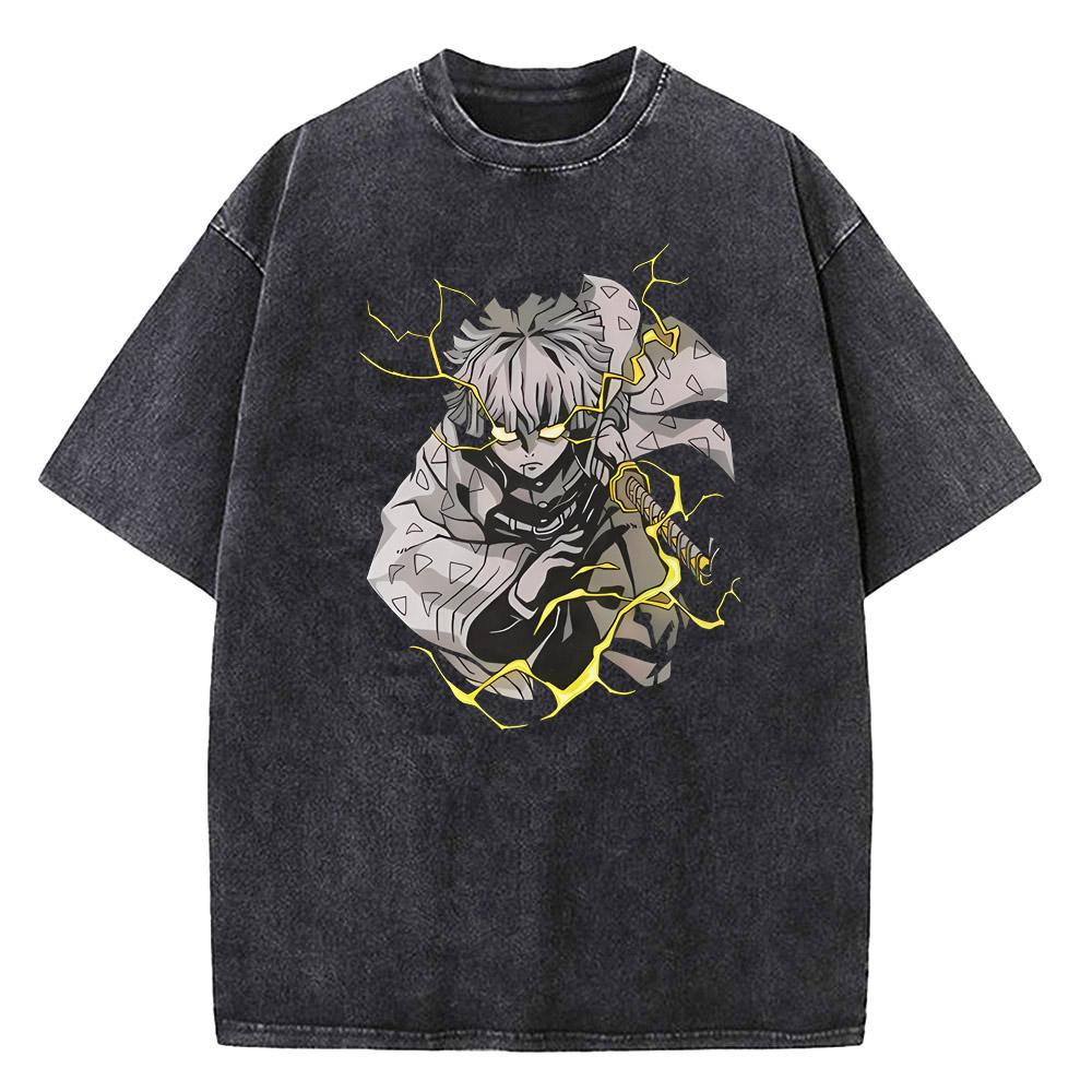 Herren Japanischer Anime Dämonentöter Print Gewaschene Baumwolle Herren T-Shirt - Fantasy Mädchen Manga Stil Lässiges T-Shirt