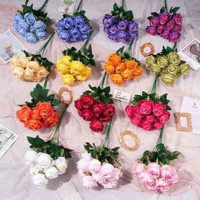 Silk Petal Rose Artificial Flower 9 Heads Flower Bouquet European Style Faux Rose  Wedding Ornament