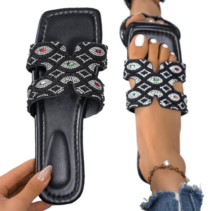Mode Sandalen mit eckiger Zehenpartie für Damen 2025 Neue Übergrößenschuhe Damenmode Kristall Zehenfrei Damen-Slipper Outdoor Flache Slipper Damen