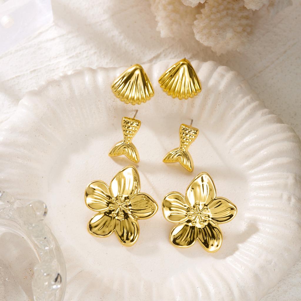 6pcs Gold Color Starfish Shell Stud Earrings Set for Women Ocean Series CCB Metal Textured Earring Boho Beach Party Jewelry