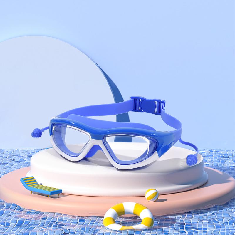 Kinder Wasserdichte, Beschlagsfreie Schwimmbrille mit Ohrstöpseln – Großer Rahmen, HD Taucherbrille für Jungen & Mädchen.