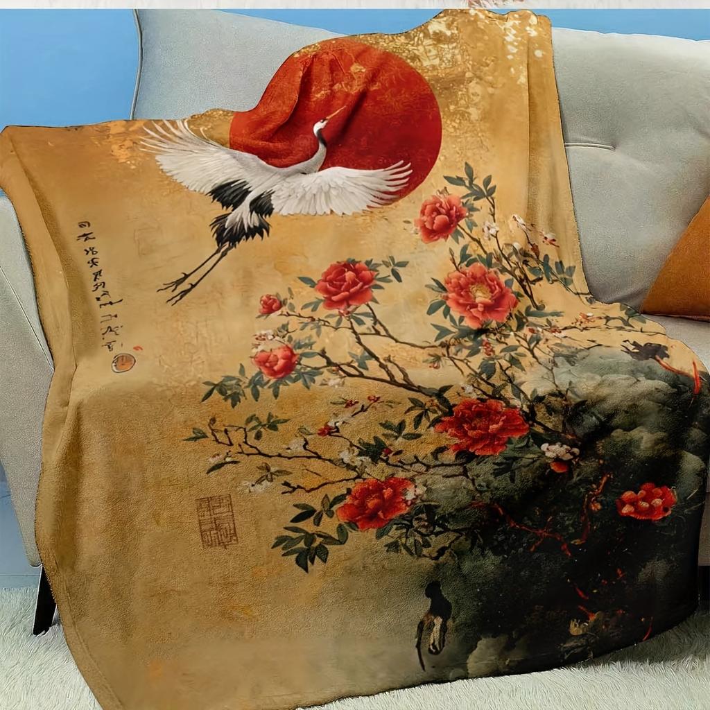 Retro Crane Pattern at Sunset Flannel printed blanket suitable for all seasons suitable for living room office sofa and travel