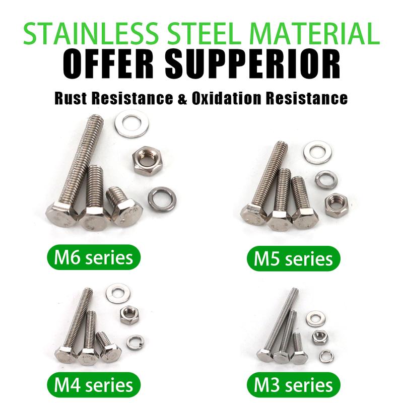 535-piece Hexagon Head Bolts, Nuts and Flat Washers Kit, M3/M4/M5/M6 Heavy Duty Stainless Steel Full Thread