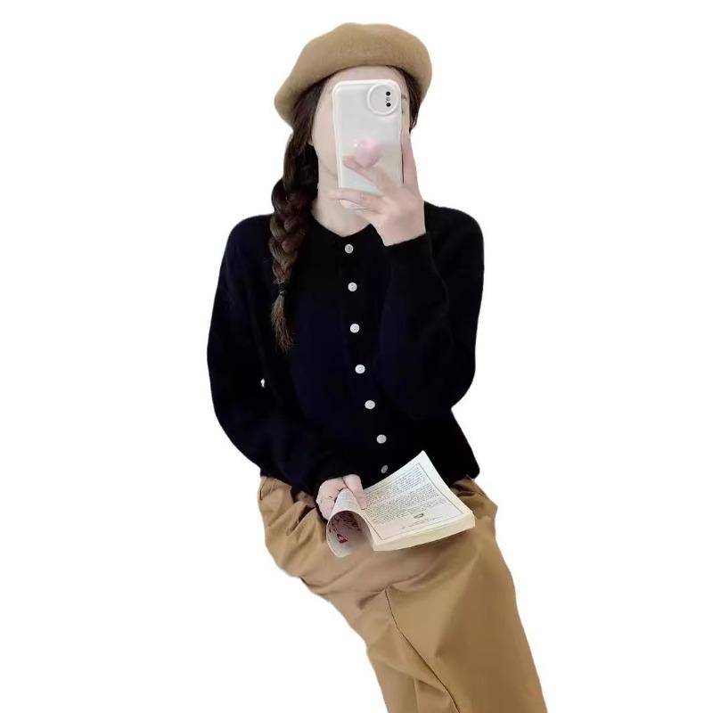 New candy color loose round neck long-sleeved knitted cardigan women's age-reducing small fresh single-breasted sweater jacket