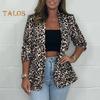 Chaqueta de traje de mujer con solapa, manga larga, un solo botón, estampado de leopardo en bloques de color, corte ajustado, ropa informal de negocios