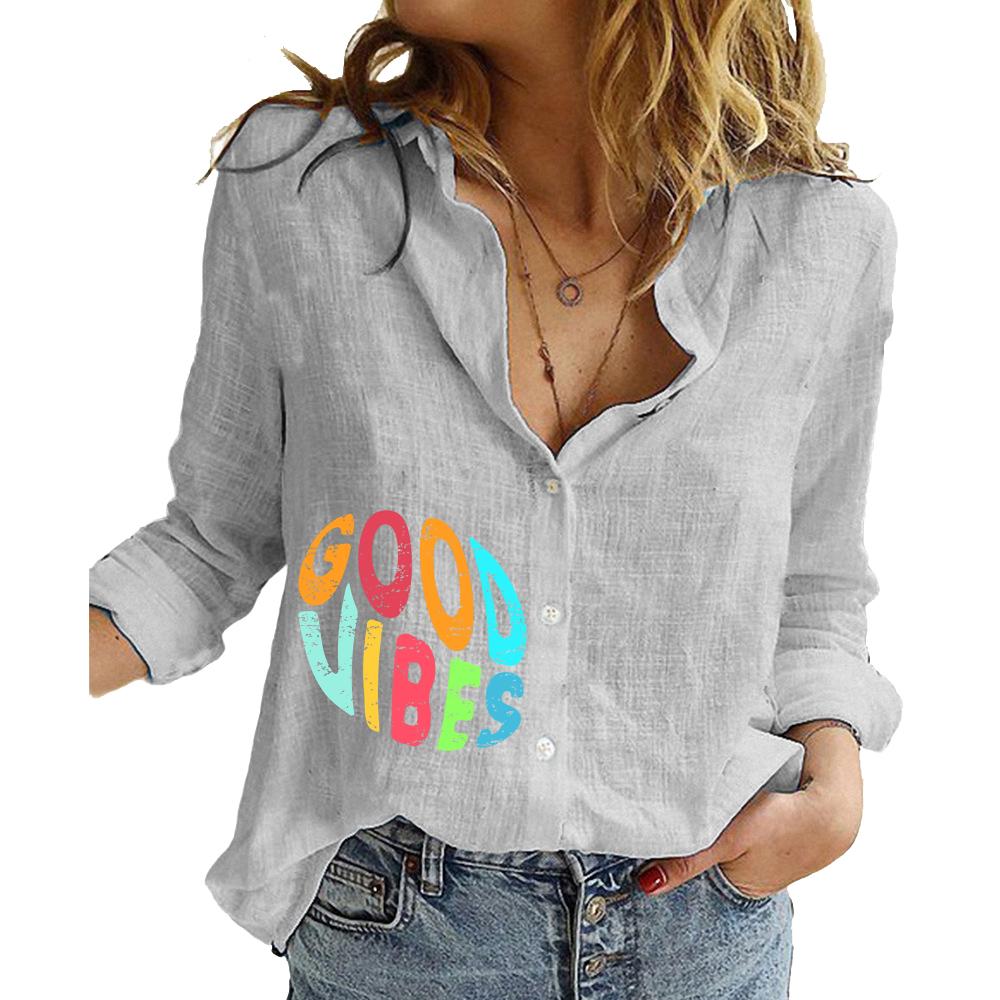 Women Fashion Cotton Linen Shirt Floral Print Long Sleeve Top Ladies Casual Stand-neck Buttoned Blouse