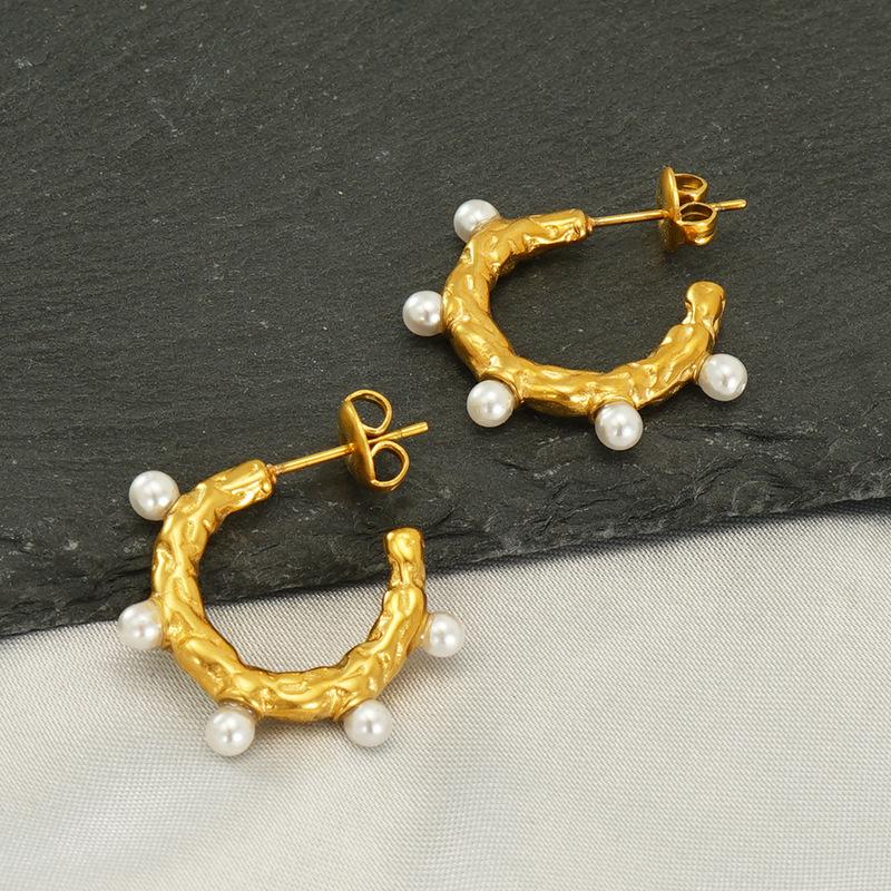 New 18k Stainless Steel Gold Earrings Pearl Temperament Trendy Round Earrings
