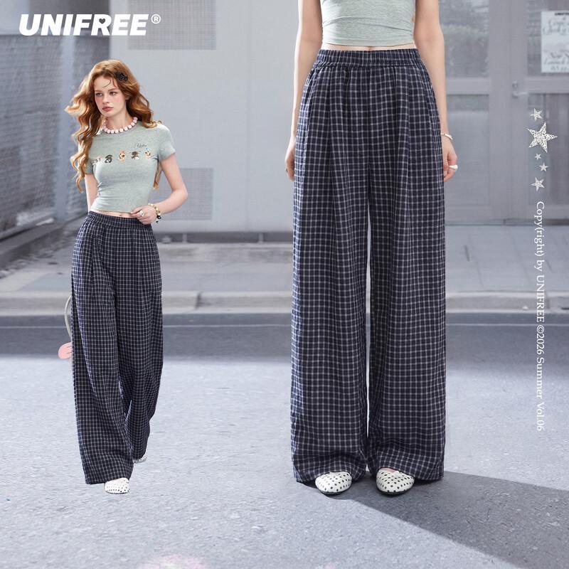 UNIFREE 2026 Summer Retro Plaid Wide-Leg Casual Pants M
