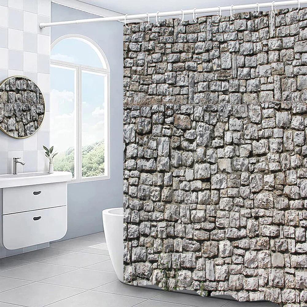 3D Stone Wall Shower Curtain Vintage Old Bathroom Curtain Rustic Rural Bathroom Decor with Hooks Polyester Fabric Washable Cloth