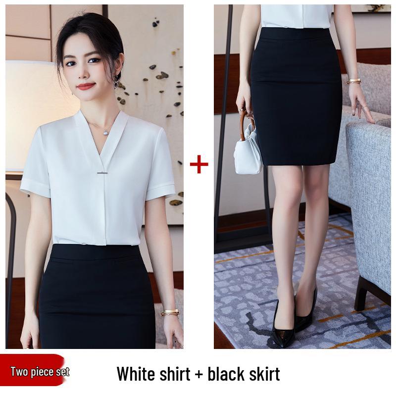 Dámská saténová halenka s krátkým rukávem a výstřihem do V: Pracovní košile odolná proti pomačkání, Slim Fit, Profesionální bílá, na léto