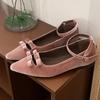 Fashion Silk Pointed Toe Low Heel Pumps Women Bow Ankle Strap  Flats Female Elegant Banquet Party Shoes Zapatos De Mujer