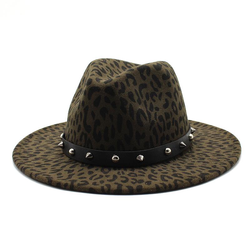 Leopard Print Top Hat, Jazz Hat, Men'S And Women'S Woolen Rivet Top Hat, Flat-Brimmed Big Eaves Hat.