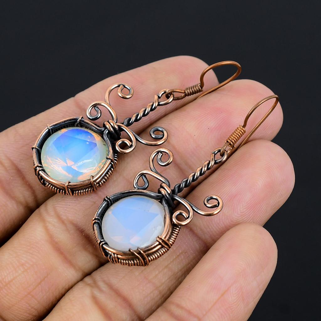 Milky Opal 999 Copper Wire Wrapped Earrings, Handmade Gemstone Earrings Jewelry, Gifts For Wife Brand New Earrings