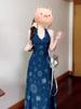 New Retro French Vacation Style Blue V-neck Neck Vest Dress Children's Summer Waist Dress