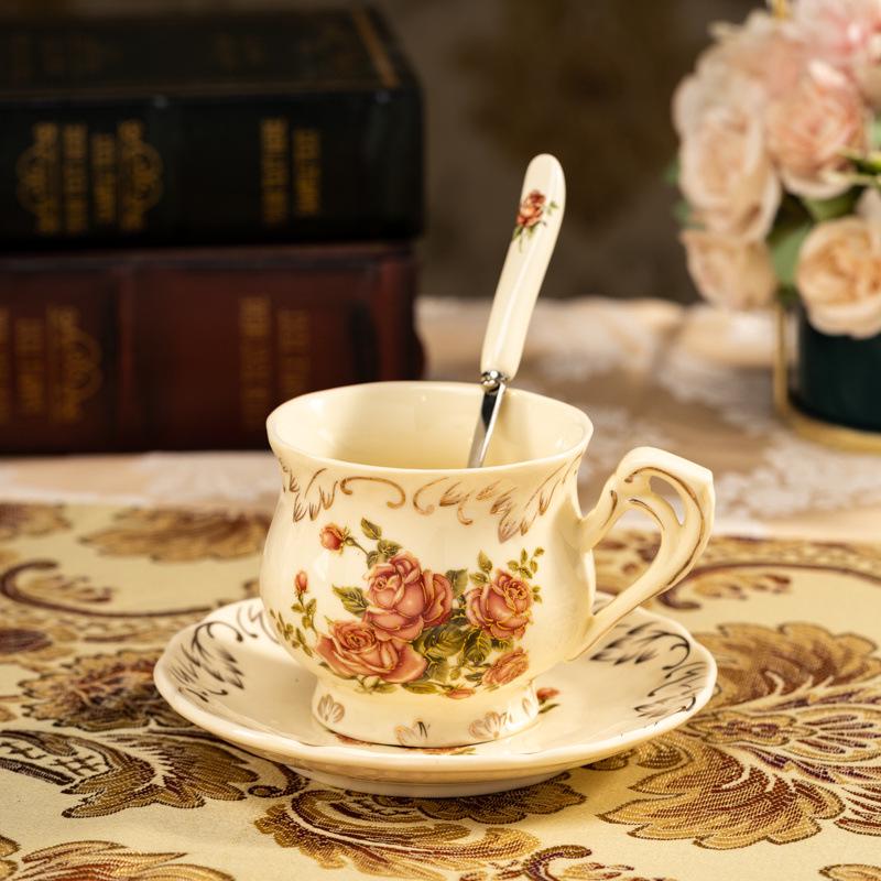 European Floral Tea Cup & Saucer Set with Gold Rim - Light Luxury Afternoon Tea Set for Home Use