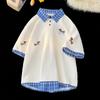 Koreanische Hunde-Stickerei Karo-Polo-Kurzarm-T-Shirt Sommer Retro Partner-T-Shirts Spleiß-Optik Falsches Zweiteiler Einfache Oberteile