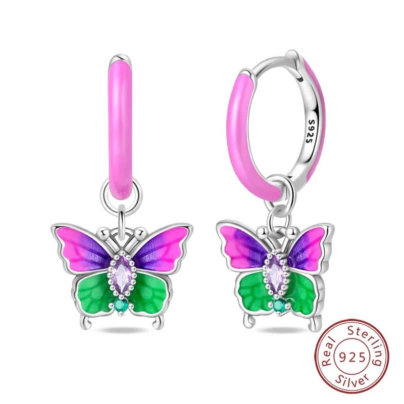 New 925 Silver Bee Butterfly Pink Lily Lotus Earrings for Women Cherry Apple Strawberry Ear Studs Elegant Party Jewelry