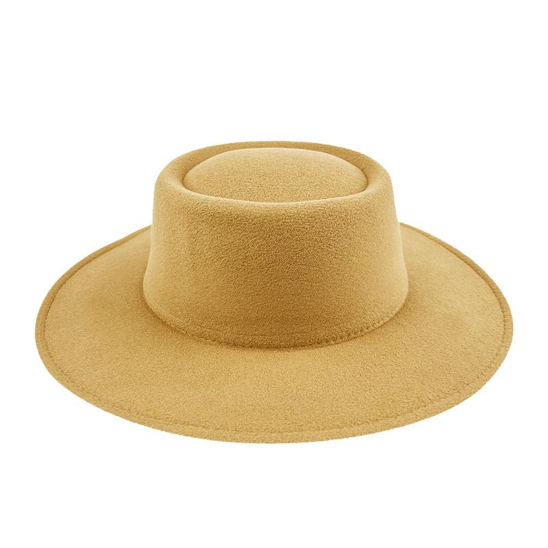 British style solid color big brim flat top top top hat French fashion jazz flat top woolen hat autumn and winter felt hat