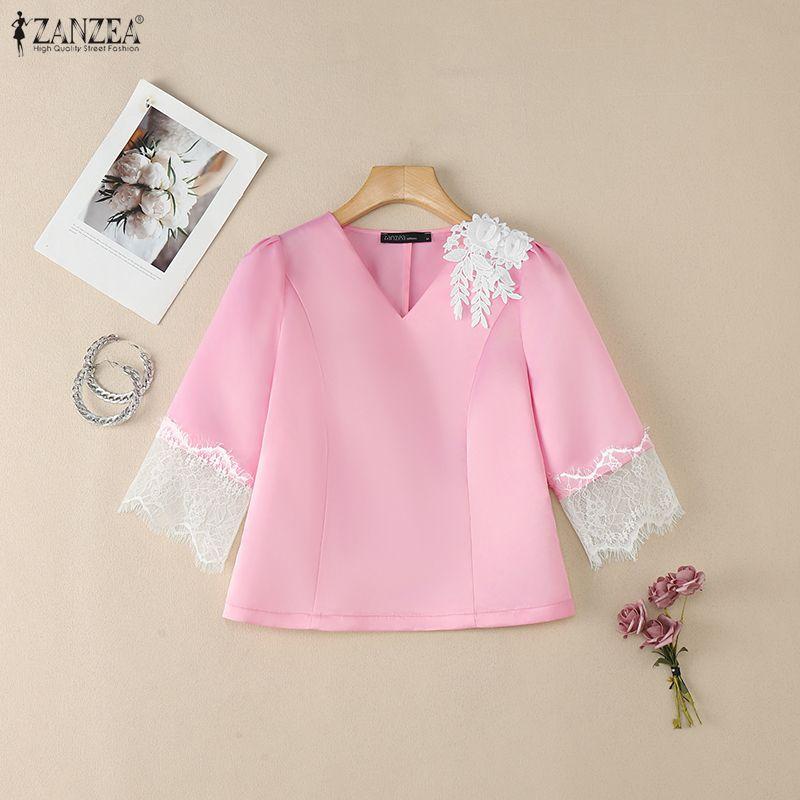 ZANZEA Women Casual V-Neck Lace Crochet Splice 3/4 Sleeve Blouse