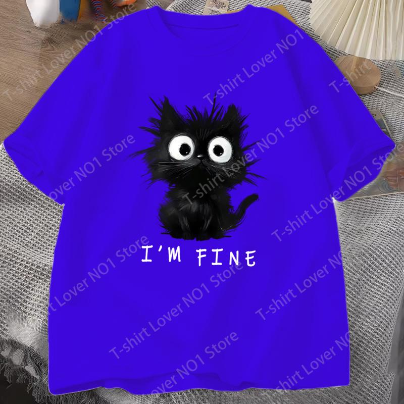 New Womens Cute Cat Pattern Graphic Short Sleeve TShirt Round Neck Casual Tshirt Tops Cool Im Fine Printed Female Tees Tops
