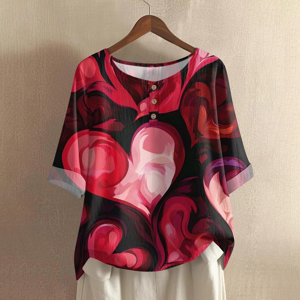 Damska casualowa i wygodna bawełniano-lniana bluzka z okrągłym dekoltem, średniej długości, z modnym nadrukiem