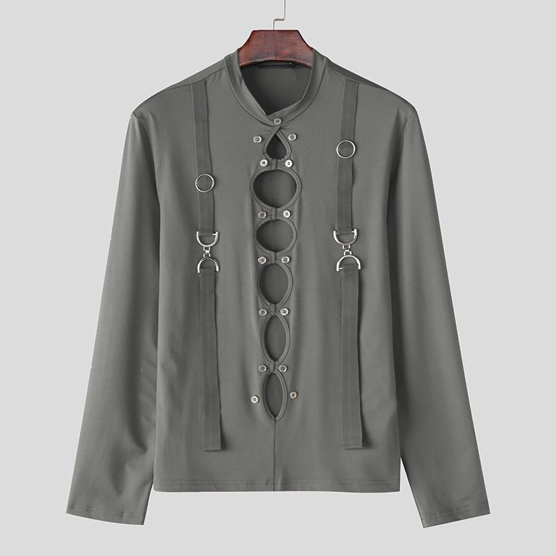 

INCERUN Men s Long Sleeve Hollow Out Bandage Patchwork T-shirts Tops L темно-серого