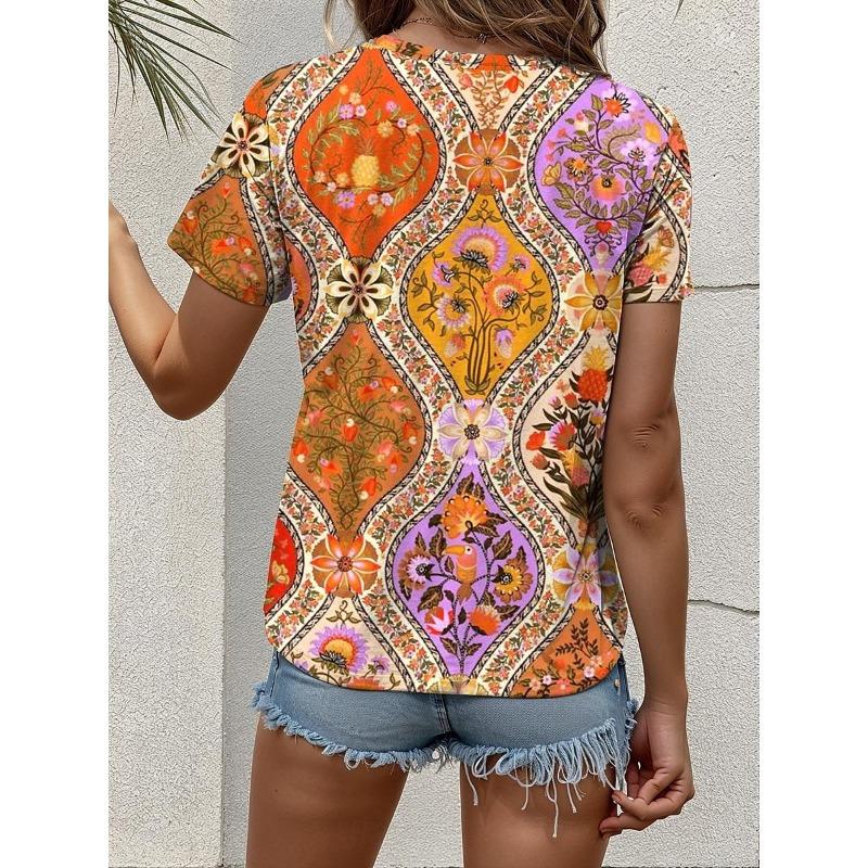 Women's T ShirtFloral Graphic Geometric Vintage Stylish Classic Short Sleeved Crew Neck Regular Tops Daily Weekend Prints Summer