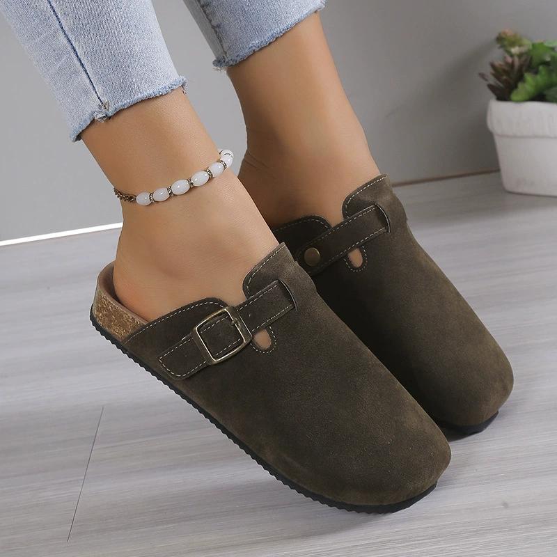

Women s Indoor and Outdoor Non-Slip Fashionable Casual Shoes Cork Thick-Soled Flat Half-Toe Slippers Slip-On Slippers Casual Buckle Design Suitable 35 зелёный