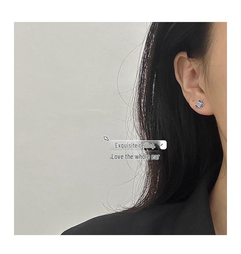 High-End 999 Sterling Silver Blue Butterfly Earrings: Elegant Small Ear Studs for Women