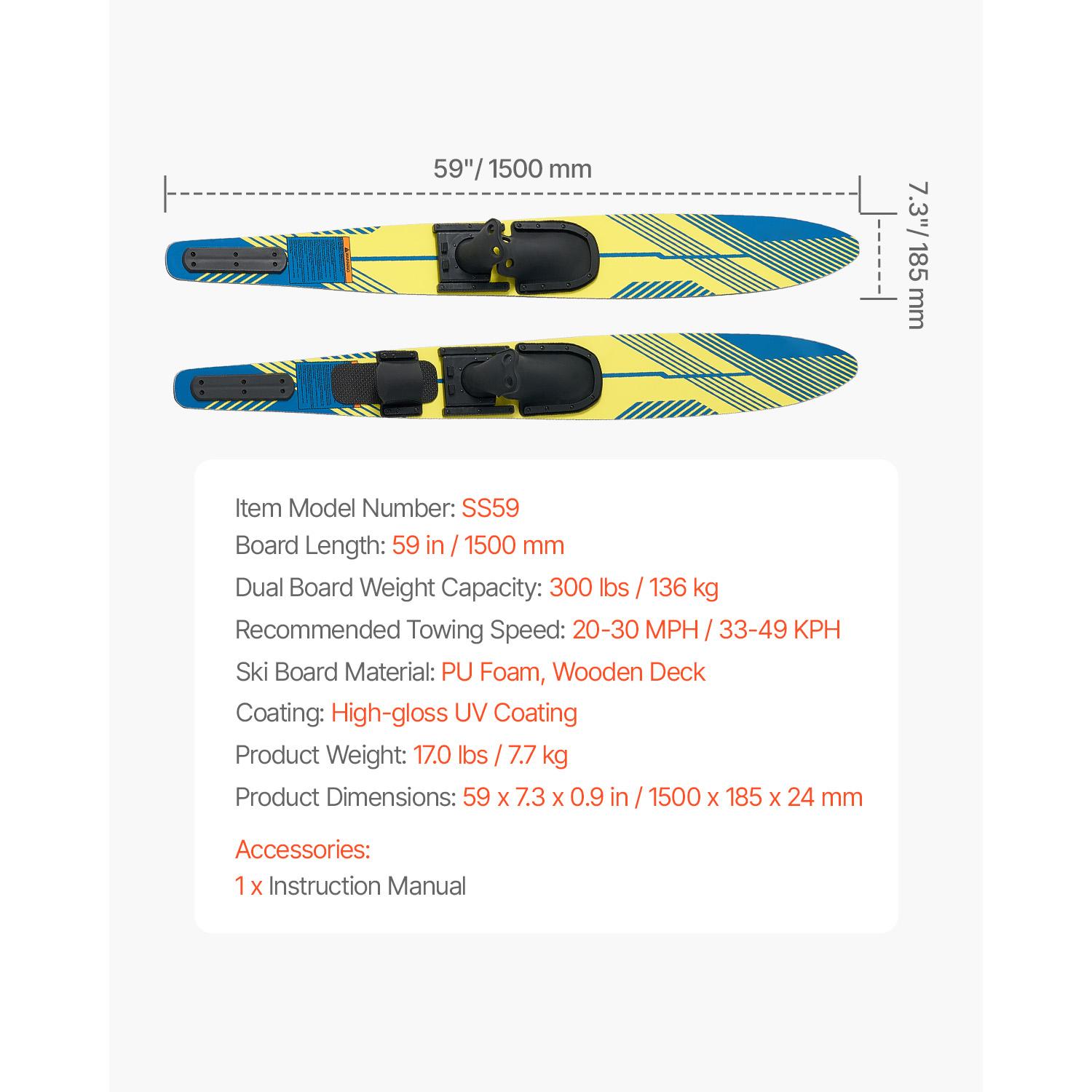 

SucceBuy Water Skis with Adjustable Horseshoe Bindings & Padded Rear Toe Plate High-gloss UV Coating Waterskis Combo for Adults