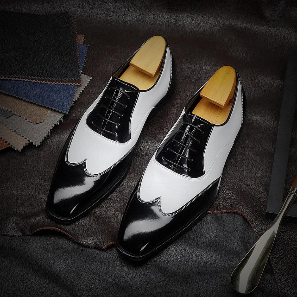 New men's pointed leather shoes cowhide business dress black and white retro Oxford men's shoes