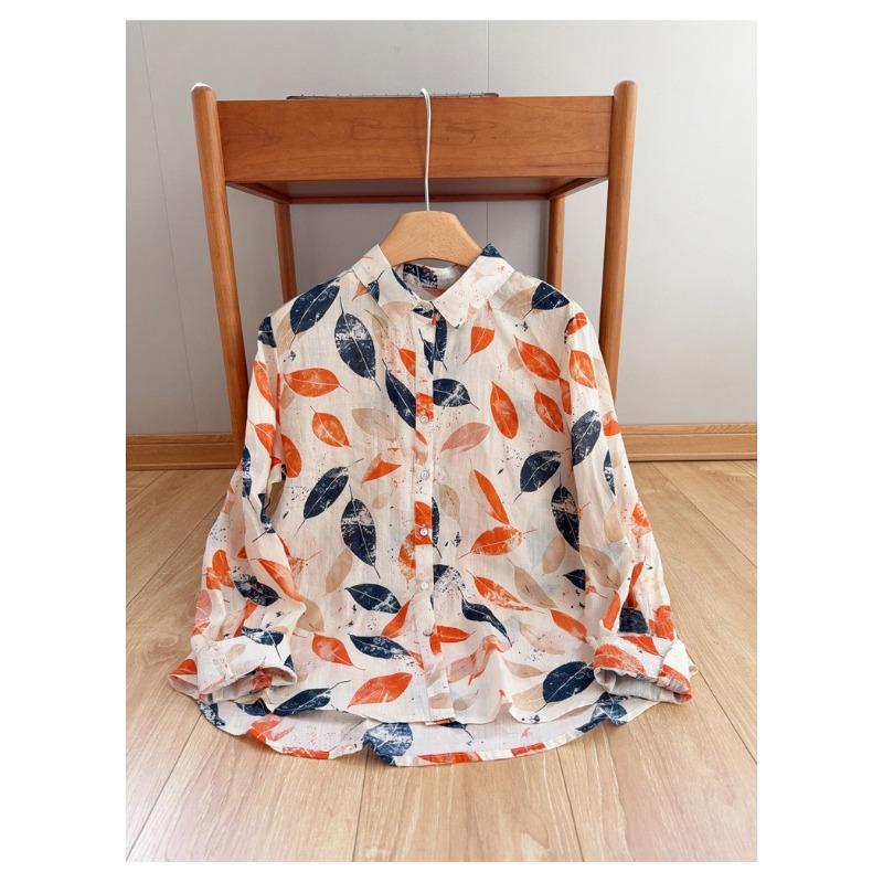 Women Autumn Leaf Print Lapel Long Sleeve Lightweight Chiffon Shirt