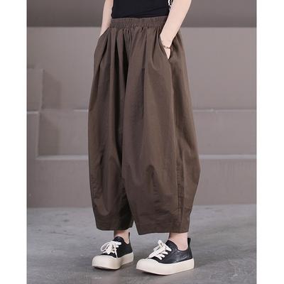 Spring and Summer 2025 New Korean Version Loose Large Size Literary Leggings Solid Color Elastic Waist Double Pocket Bloomers Women