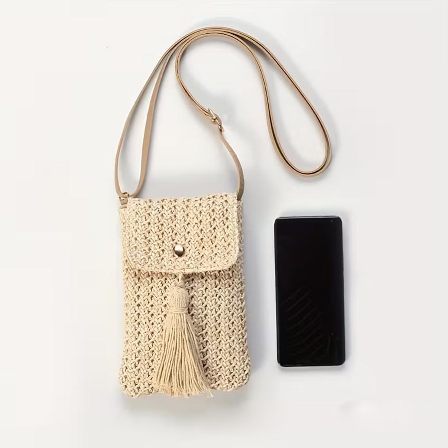 Straw Beach Bag Women Holiday Mobile Phe Shouder Bag Summer Tassel Mini Crossbody Bag for Lady Gril Travel Bohemian Style Sac