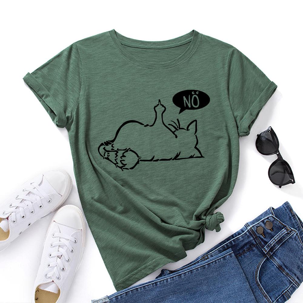 Cat No Cartoon Pattern Cotton T-Shirt Short Sleeve Round Neck Women 2d Print Tops