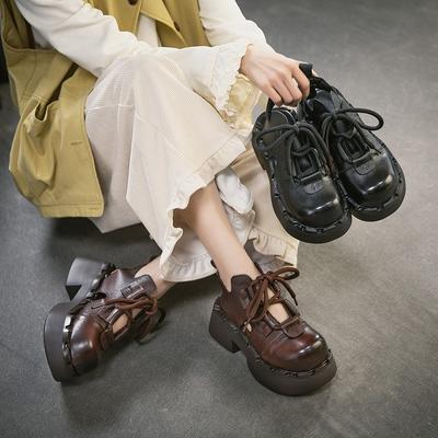 Retro Genuine Leather Hollow-out Sandals Round Toe Lace Up Thick Soled Women's Shoes