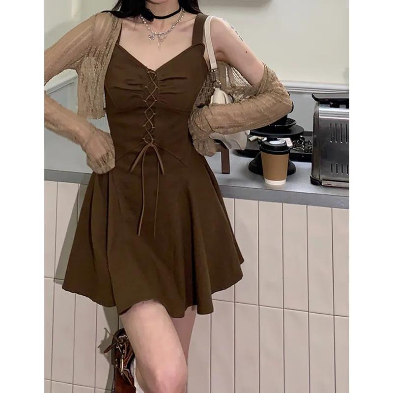 

Summer Women s Brown Cami Mini Dress V Neck Tie Waist A Line Dress S коричневый