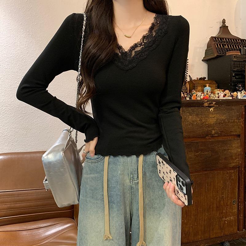 

Реальное фото кружевной воротник футболка с длинным рукавом женская осенняя внутренняя облегающая базовая рубашка короткий топ XL чёрный