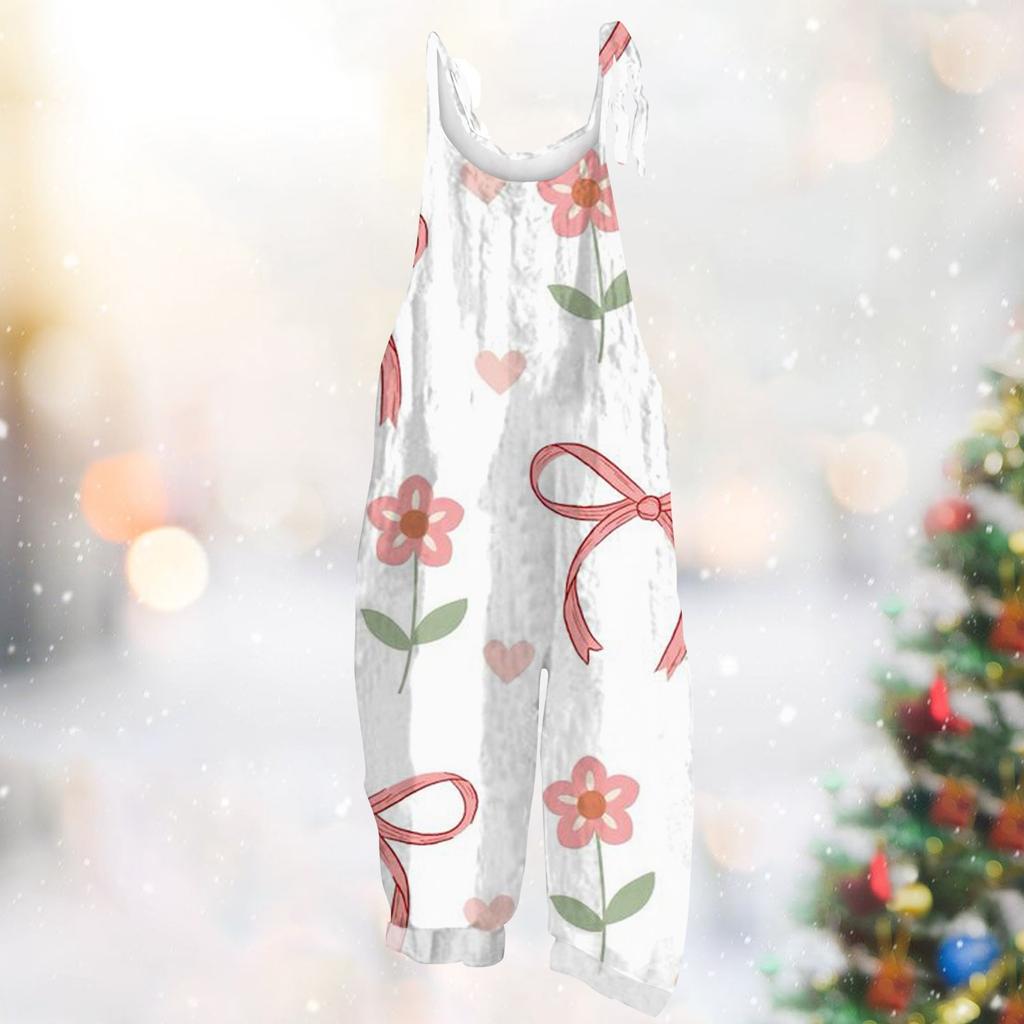 Damen Jumpsuit Karneval Print Lässig Locker Vintage Schulterträger Baumwolle Leinen