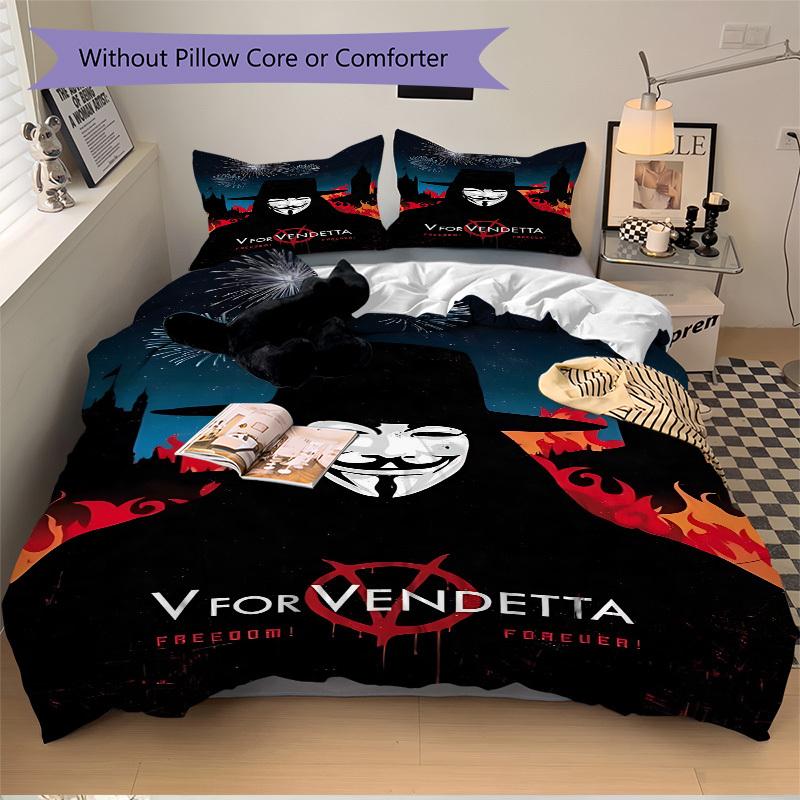 3pcs V for Vendetta Bedding Set, Soft Polyester Duvet Cover and Pillowcases Machine Washable Seasons all suitable & Guest Room Decor220