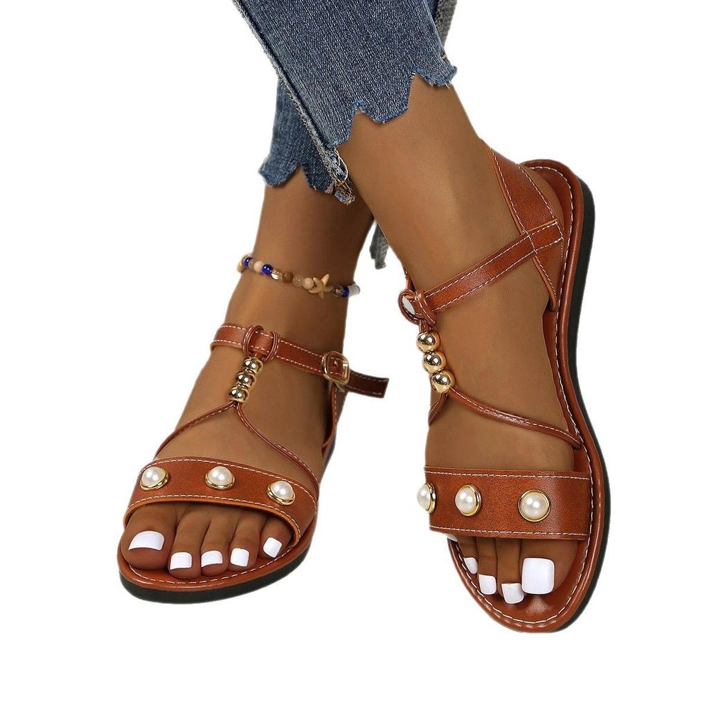 Summer new casual women's shoes retro sandals women's pearl buckle strap flat bottom outer wear large size sandals