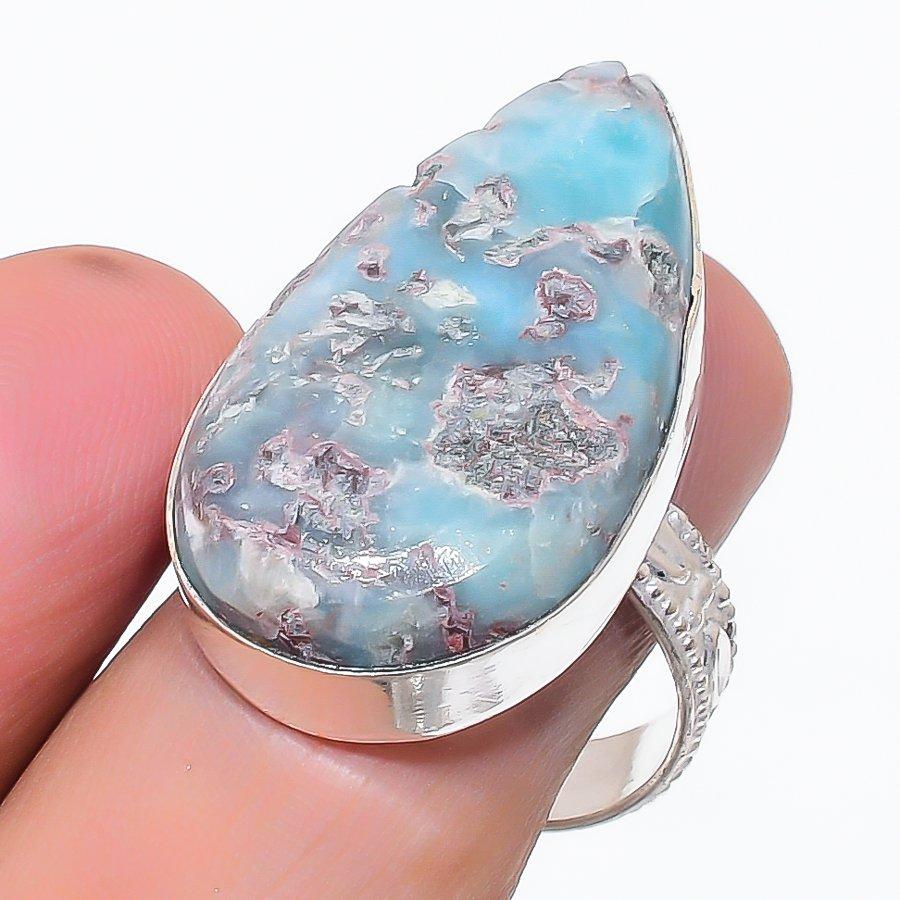 Natural Larimar Gemstone Handmade 925 Sterling Silver Jewelry Ring Size 9.5 V3j90