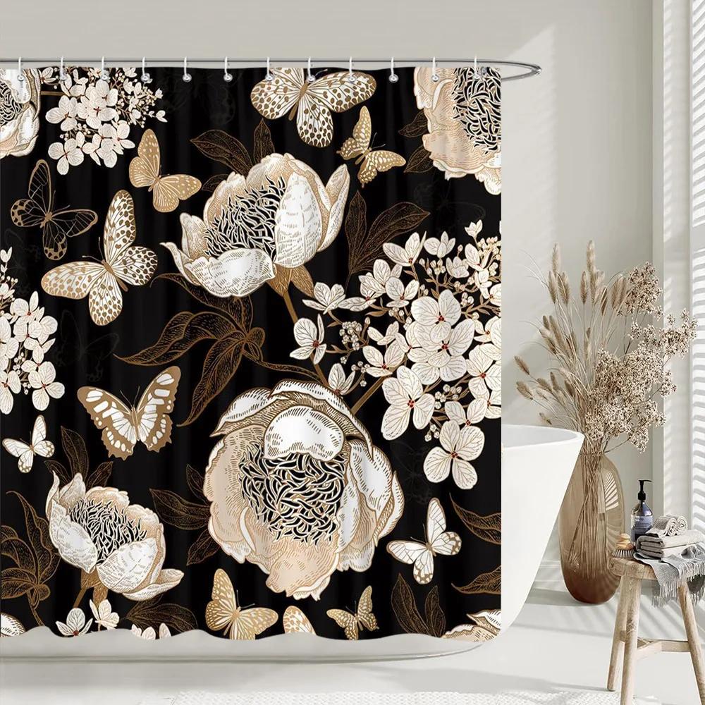 Black Gold Boho Botanical Floral Shower Curtain Vintage Floral Rose Aesthetic Unique Chic Polyester Bath Curtains Bathroom Decor