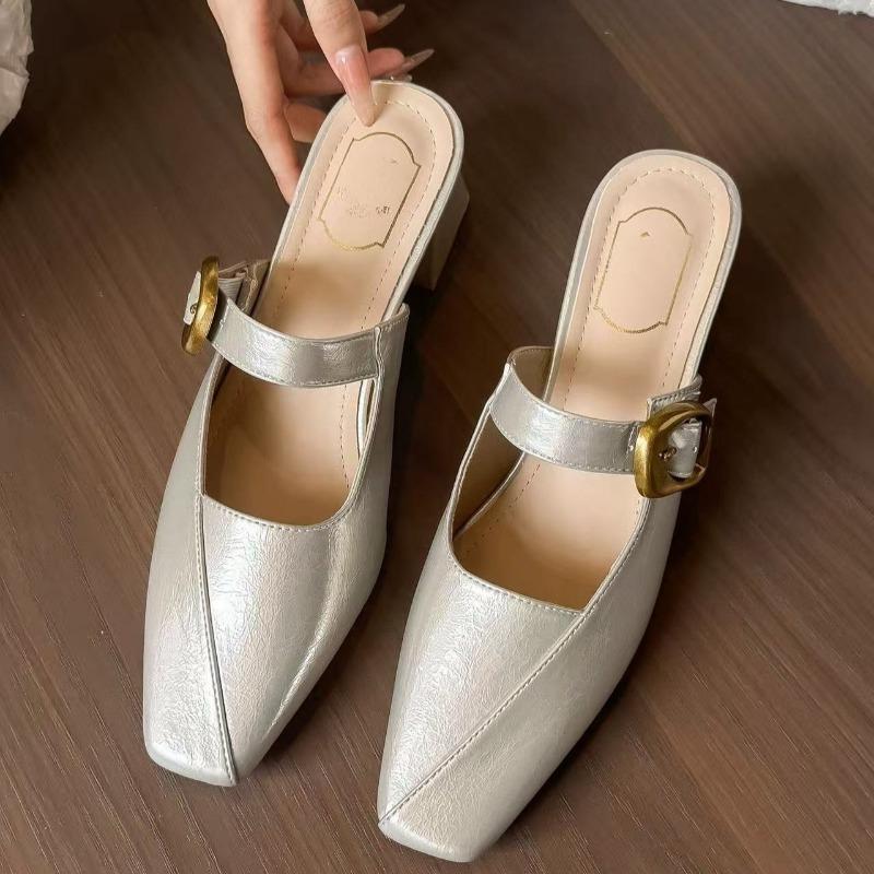 

French Retro Square Toe Low Heel Baotou Slippers Women Summer Slip Block Heel Baotou Half Slippers 40 білий