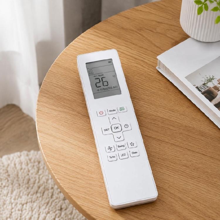 White RG15B Air Conditioner Remote for Compatible Export Models with LCD Setting View, English Controls, and Operation After Battery Installation