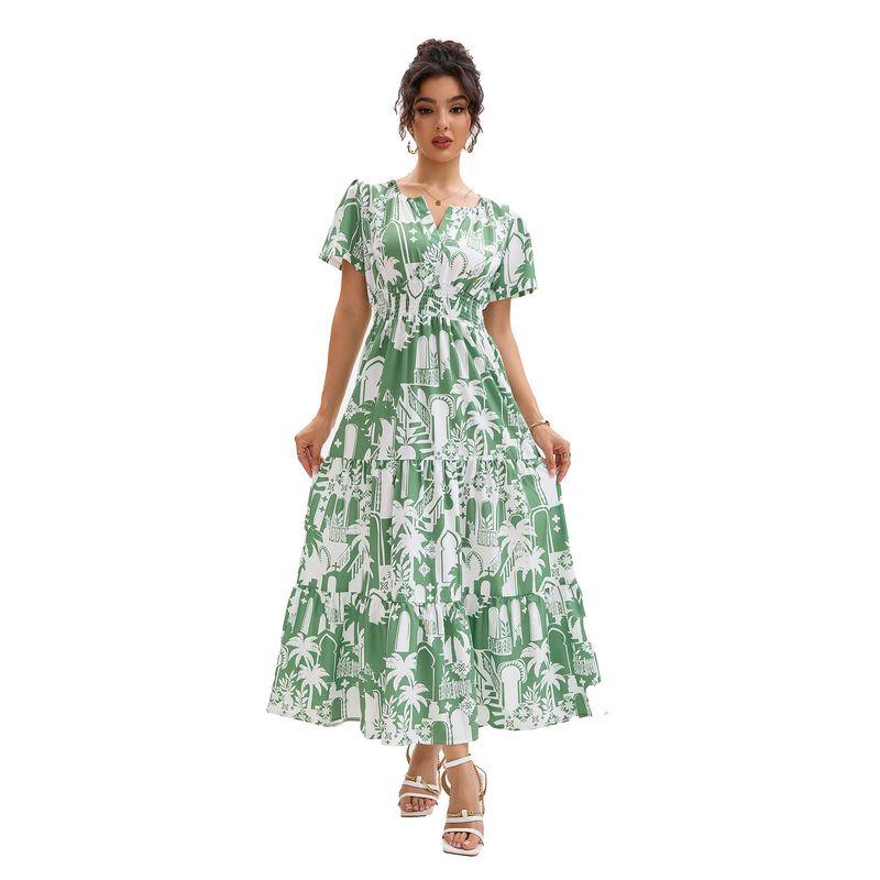 Cross-Border Holiday Style Coconut Tree Print V-neck Puff Sleeve Elastic Waist Hugging Slimming Patchwork Short Sleeve Dress Long Dress Women