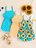 Girls' 3-piece Summer Cool Outfit Sunflower Striped Polka Dot Jumpsuit Shorts Set Summer