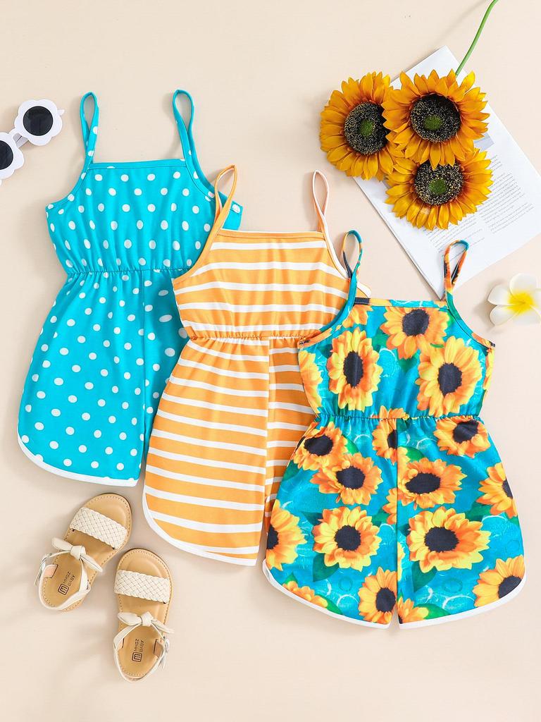 Girls' 3-piece Summer Cool Outfit Sunflower Striped Polka Dot Jumpsuit Shorts Set Summer