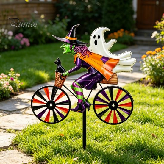 Gift for Garden Lovers Halloween Wizard/Ghost/Black Cat/Skeleton Bicycle Ground Stake Ornament, Metal Stakes, Yard Art Decorative Outdoor Statue Lawn