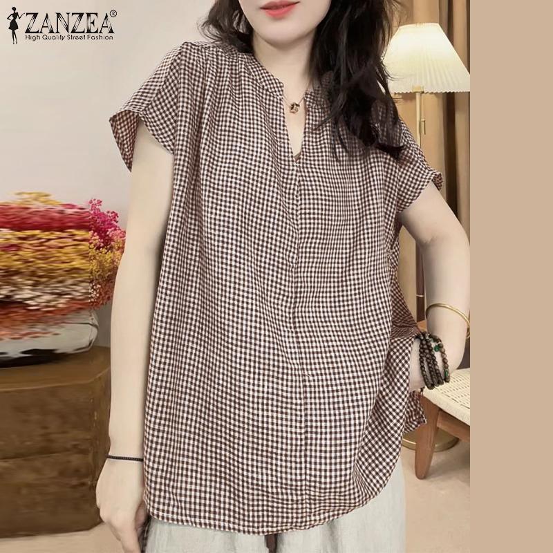 ZANZEA Bluză de vară pentru femei cu gât în V, fără mâneci, casual, retro, cu imprimeu carouri